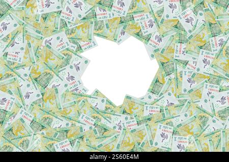 Portrait de la cathédrale de Curtea de Arges à partir de monnaie roumaine 1 Leu 2005 billet de banque. Gros plan sur la facture d'argent vert. Portrait de la cathédrale de Curtea de Arges Banque D'Images