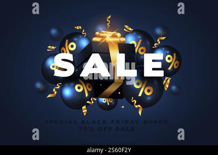 Super soldes du Vendredi fou. Boîtes cadeaux noires réalistes et pleines d'objet festif décoratif. Motif nouvel an et Noël. Fond de Noël. Vecteur 3d. Banque D'Images