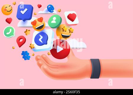 3D Hand Holding icônes de médias sociaux, concept d'applications de communication sociale en ligne, emoji, coeurs, chat sur fond rose clair. Vecteur 3D. Banque D'Images