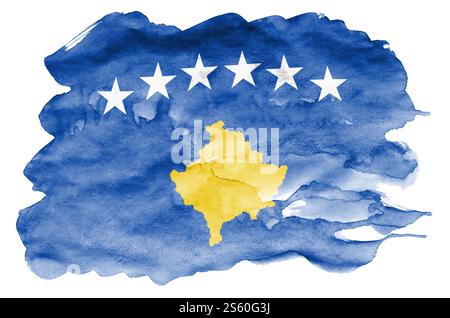 Le drapeau du Kosovo est représenté dans un style aquarelle liquide isolé sur fond blanc. Ombrage de peinture négligent avec l'image du drapeau national. Jour de l'indépendance Banque D'Images