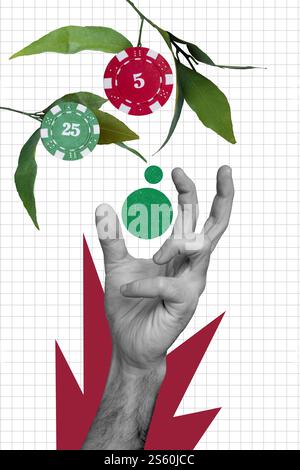 Collage photo vertical de la main humaine veulent voler jeton poker pari Gambling arbre Casino addiction joueur isolé sur fond peint Banque D'Images