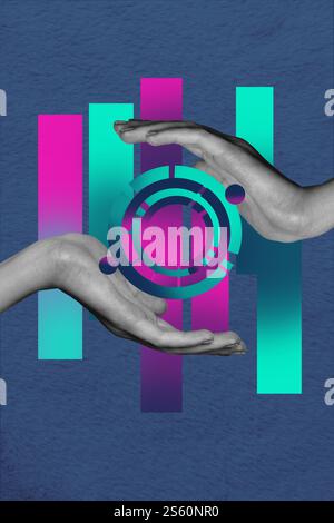 Croquis de bannière d'illustration de tendance collage de photos 3D de langage corporel de symbole deux gestes de main humaine tiennent entre l'élément de cercle cyberespace Banque D'Images