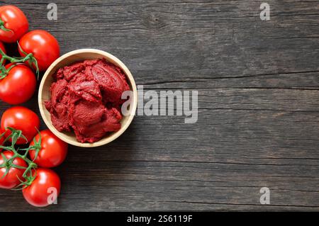 Pâte de tomate turque traditionnelle dans un bol ou une cuillère avec des tomates fraîches sur une table rustique, nourriture saine maison Banque D'Images