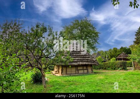 Propriété historique en bois avec toit traditionnel dans le paysage d'été. Ancien bâtiment rural en rondins. Maison rustique en bois avec toit de galets dans la campagne Banque D'Images