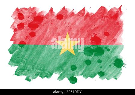 Le drapeau du Burkina Faso est représenté dans un style aquarelle liquide isolé sur fond blanc. Ombrage de peinture négligent avec l'image du drapeau national. Banque D'Images