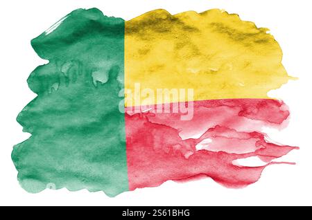 Le drapeau Bénin est représenté dans un style aquarelle liquide isolé sur fond blanc. Ombrage de peinture négligent avec l'image du drapeau national. Jour de l'indépendance Banque D'Images