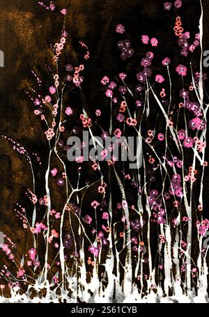 Fleurs roses sakura psychédéliques dans la nuit. La technique de tamponnage près des bords donne un effet de flou dû à la rugosité de surface modifiée de t Banque D'Images