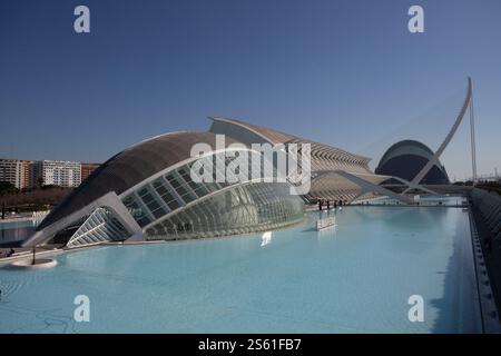 Valence, Espagne, 15 janvier 2025. ARS et la ville scientifique de Santiago Calatrava. Cette année, le magazine Forbes a déclaré Valence la meilleure ville au monde à prendre sa retraite. Crédit : Eduard Ripoll. Banque D'Images