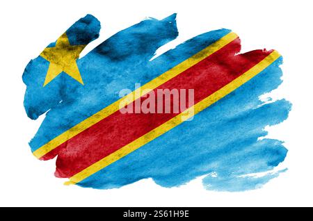 République démocratique du Congo drapeau est représenté dans un style aquarelle liquide isolé sur fond blanc. Peinture imprudente avec ombrage image de natio Banque D'Images