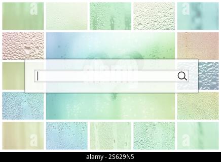 Le champ de recherche est situé au-dessus du collage de nombreux fragments de verre différents, décoré avec des gouttes de pluie du condensat et du cœur peint Banque D'Images