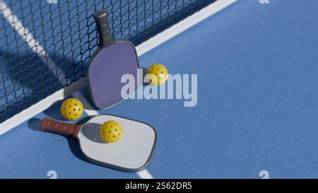 Deux pagaies et balles de pickleball sur un terrain bleu, prêtes à jouer. rendu 3d. Banque D'Images