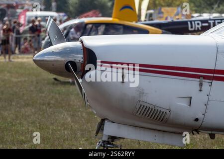 Hélice à deux pales d'un petit avion à moteur en gros plan sur un terrain d'herbe de spectacle aérien Banque D'Images