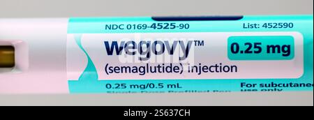 Gros plan d'un stylo d'injection Wegovy semaglutide Banque D'Images