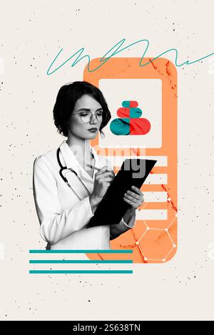 Modèle affiche tendance illustration 3D collage de photos de pharmacologie ambulance soins de santé praticien de pilules jeune femme médecin écrire presse-papiers Banque D'Images