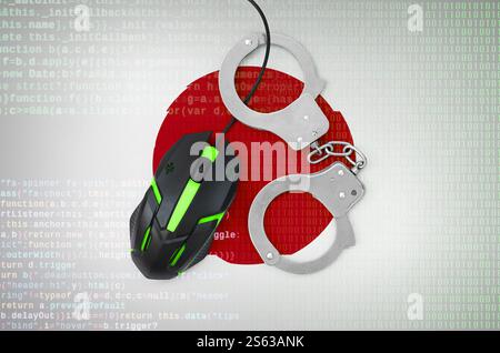 Drapeau du Japon et souris d'ordinateur moderne rétro-éclairée menottée. Concept créatif de lutte contre la criminalité informatique, les pirates informatiques et le piratage. Drapeau du Japon et menotté Banque D'Images