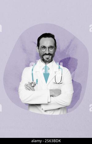 Modèle d'affiche de collage 3D croquis d'illustration de tendance de profession docteur moyen âge homme portrait stand posant sourire porter stéthoscope uniforme Banque D'Images