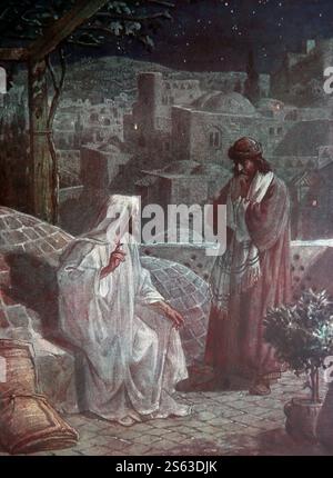 Plaque de couleur de Nicodème est venu à Jésus Christ (Jean) par nuit (Jean) à partir de 1906-10 la vie de Jésus de Nazareth dépeinte en couleurs Banque D'Images