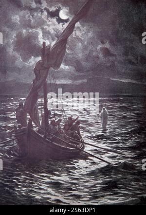Plaque de couleur de Jésus-Christ marchant sur l'eau pour se rendre à ses disciples dans la tempête de 1906/10 la vie de Jésus de Nazareth dépeinte en couleurs Banque D'Images