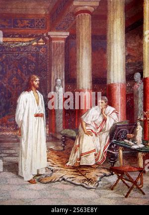 Plaque de couleur de Jésus-Christ parlant à Ponce Pilate dans le Palais de 1906/10 la vie de Jésus de Nazareth dépeinte en couleurs Banque D'Images