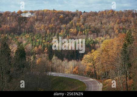 Vue d'automne pittoresque de Sigulda, Lettonie, avec une route sinueuse à travers une forêt colorée et une colline avec des arbres dans le feuillage saisonnier. Banque D'Images