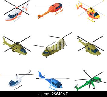 Icônes d'hélicoptère définies. Ensemble isométrique d'icônes vectorielles d'hélicoptère pour la conception Web isolé sur fond blanc. Icônes d'hélicoptère définies, style isométrique Illustration de Vecteur