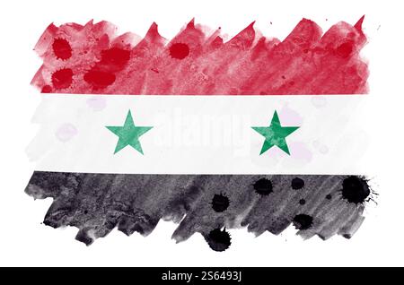 Le drapeau de Syrie est représenté dans un style aquarelle liquide isolé sur fond blanc. Ombrage de peinture négligent avec l'image du drapeau national. Jour de l'indépendance Banque D'Images