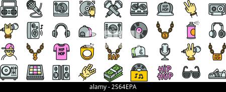 Icônes HipHop définies. Ensemble de contours d'icônes vectorielles hiphop pour la conception Web isolé sur fond blanc. Icônes HipHop définies, style de contour Illustration de Vecteur