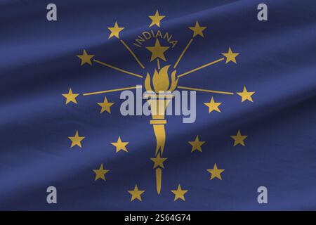 Drapeau de l'État américain de l'Indiana avec de grands plis ondulant de près sous la lumière du studio à l'intérieur. Les symboles officiels et les couleurs dans la bannière de tissu. Indiana US Banque D'Images