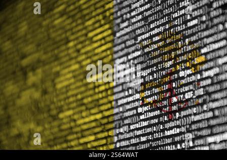 Le drapeau de l'État de la Cité du Vatican est représenté à l'écran avec le code de programme. Le concept de technologie moderne et de développement de site. État de la Cité du Vatican Banque D'Images