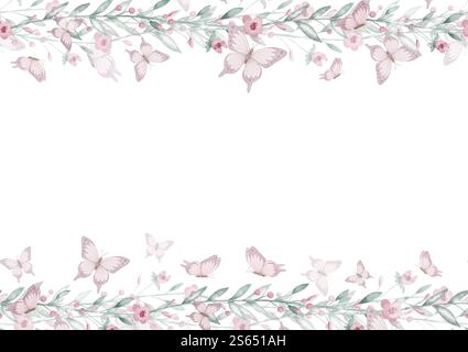 Illustration aquarelle pour modèle avec des papillons, des fleurs et de la verdure dans des couleurs pastel. Cadre floral pour cartes de voeux de mariage ou invitations de douche de bébé. Bordure botanique pour cartes postales. Banque D'Images