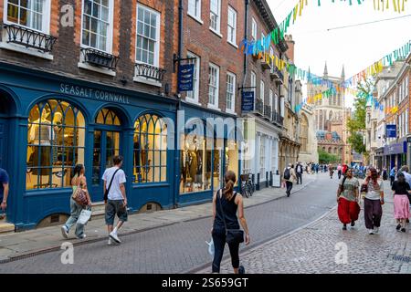 Cambridge Angleterre. Trinity Street dans le centre-ville en regardant vers St Johns College avec Seasalt Cornwall magasin de vêtements, Royaume-Uni, 2024 Banque D'Images