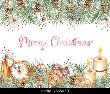Branches de sapin, pommes de pin et herbe, boules, montres de poche, bougies, Gears Noël bannière illustration aquarelle. Le cadre est carré, avec hiver p Banque D'Images