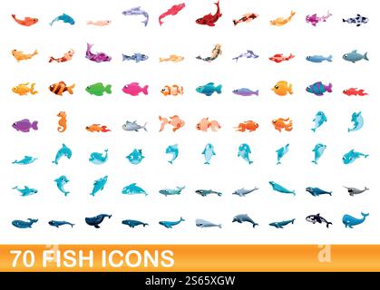 ensemble de 70 icônes de poisson. Illustration de dessin animé de 70 icônes de poisson ensemble de vecteur isolé sur fond blanc. 70 icônes de poisson ensemble, style de bande dessinée Illustration de Vecteur