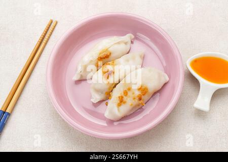 Choipan, à base de farine de riz fourrée de jicama râpé et saupoudrée d'ail frit. Snack traditionnel cuit à la vapeur de Pontianak, Indonésie. Banque D'Images