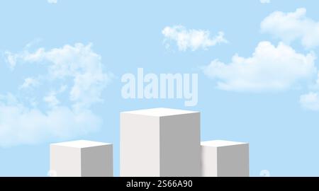 Podium blanc pour l'affichage de produit et la publicité horizontale sur le ciel bleu avec le nuage blanc, stand d'affichage de modèle 3d pour la présentation de produit à vendre, SK Banque D'Images