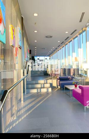 Long foyer avec fenêtres d'un bâtiment moderne. Plantes et intérieur. Couloir de bâtiment pour conférences, événements d'affaires. Banque D'Images
