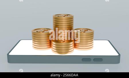 Un rendu 3D de smartphone avec un écran blanc vierge, entouré de piles et de pièces d'or dispersées, symbolisant la richesse en ligne ou la banque mobile Banque D'Images