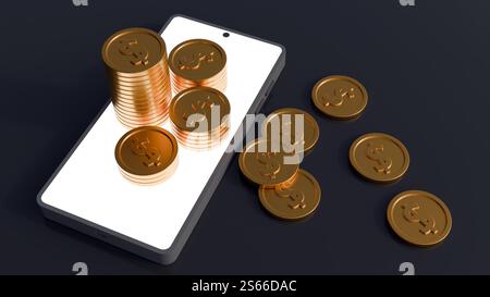Un rendu 3D de smartphone avec un écran blanc vierge, entouré de piles et de pièces d'or dispersées, symbolisant la richesse en ligne ou la banque mobile Banque D'Images