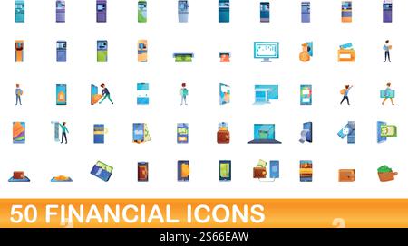 ensemble de 50 icônes financières. Illustration de dessin animé de 50 icônes financières ensemble de vecteur isolé sur fond blanc. 50 icônes financières définies, style de dessin animé Illustration de Vecteur