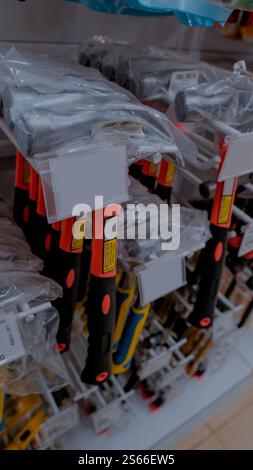 Un affichage de divers outils à main dans des emballages en plastique, présentant leurs étiquettes de prix. Les outils ont des poignées colorées et sont soigneusement disposés sur un magasin Banque D'Images