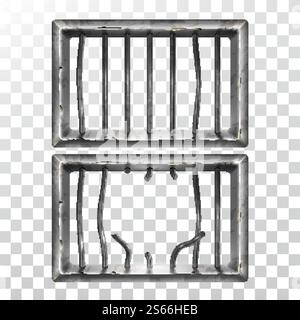 Fenêtre de prison et barres métalliques cassées Set Vector. Treillis métallique en acier de prison endommagé. Gaol Jail Security Grunge Iron Grid, Confine cage Equipment Template illustrations 3D réalistes. Fenêtre de prison et barres métalliques cassées Set Vector Illustration de Vecteur