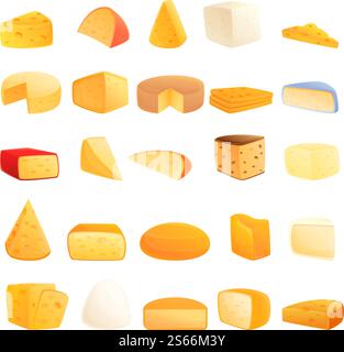 Jeu d'icônes de fromage. Ensemble de dessins animés d'icônes vectorielles de fromage pour la conception Web. Icônes de fromage définies, style de bande dessinée Illustration de Vecteur