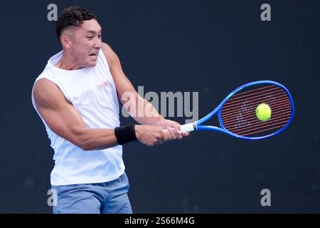 Melbourne, Australie. 16 janvier 2025. ALEX MICHELSEN, des États-Unis, en action contre JAMES MCCABE, de l'Australie, sur court 3 dans un match de 2e tour en simple masculin le jour 5 de l'Open d'Australie 2025 à Melbourne, en Australie. Sydney Low/Cal Sport Media/Alamy Live News Banque D'Images