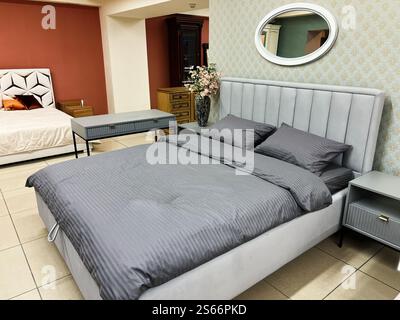 Une chambre contemporaine avec un lit élégant avec une literie grise, une table de chevet assortie et un décor élégant en arrière-plan. Le mobilier et la couleur Banque D'Images