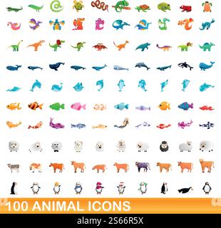 ensemble de 100 icônes d'animaux. Illustration de dessin animé de 100 icônes animales ensemble de vecteur isolé sur fond blanc. ensemble de 100 icônes animales, style de dessin animé Illustration de Vecteur