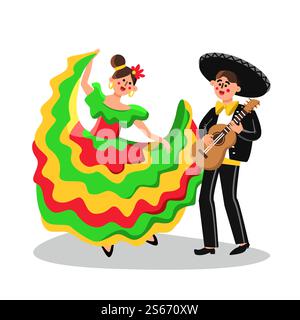 Mariachi homme musicien et femme dansant vecteur. Girl Dance on Mexican Holiday Fiesta Party en robe et garçon Mariachi jouant sur guitare en Sombrero et costume. Personnages Flat Cartoon illustration. Mariachi homme musicien et femme dansant vecteur Illustration de Vecteur