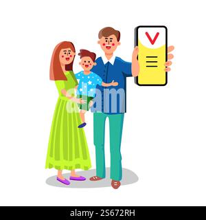 Homme avec la famille montrant le vecteur d'application de téléphone intelligent. Personnages heureux mère et garçon fils, Père Show Device Mobile App. Application gadget de communication électronique illustration de dessin animé plat. Homme avec la famille montrant le vecteur d'application de téléphone intelligent Illustration de Vecteur
