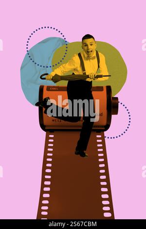 Image d'art collage photo vertical de Happy Guy danse tenir parapluie bande rétro cadre instantané photo-shoot concept rouleau de capture Banque D'Images