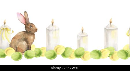 Lapin mignon de Pâques avec des bougies et des oeufs de Pâques colorés bordure sans couture. Bannière dessinée à la main pour la conception festive saisonnière, textile, tissu, cuisine inter Banque D'Images