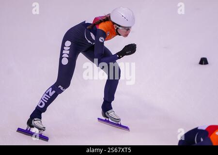 Dresde, Allemagne. 16 janvier 2025. DRESDE, ALLEMAGNE - 16 JANVIER : Selma Poutsma des pays-Bas lors d'un entraînement avant les Championnats d'Europe de patinage de vitesse sur courte piste 2025 de l'ISU à la JOYNEXT Arena le 16 janvier 2025 à Dresde, Allemagne (photo par Andre Weening/Orange Pictures) crédit : Orange pics BV/Alamy Live News Banque D'Images